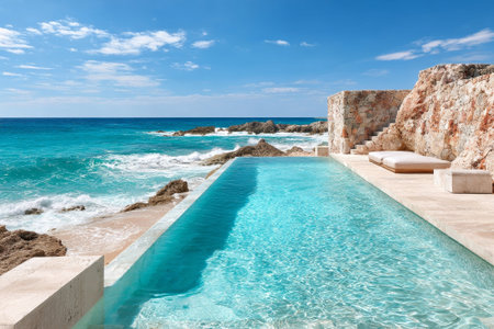 Infinity pool by ocean with rocky coast. Blue water and sunny sky create stunning view. Perfect for luxury travel or resort design.の素材