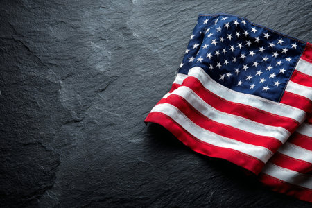 USA flag with white stars, red lines, black backdrop. Ideal for freedom, national, patriotic art.の素材