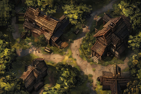 Isometric town river view. Brown roof homes line turquoise river with greenery and rocks, perfect for game settings.の素材