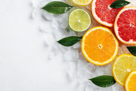 Citrus fruits with ice and mint topping. Great for cool drinks or vibrant decor. Juicy slices create fresh appeal.の素材