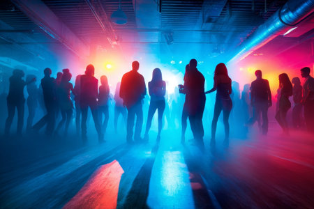 Dance crowd shines in neon colors with foggy backdrop. Silhouette people rock club party mood. Great for nightlife or festival designs.の素材