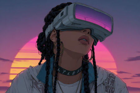 VR girl adjusts headset in neon rain scene. Futuristic anime style glows with purple hues. Ideal for gaming or cyberpunk themes.の素材