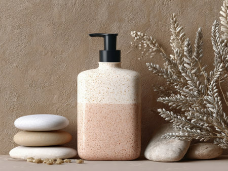 Spa still life with soap, stones and dried flowers on color backgroundの素材