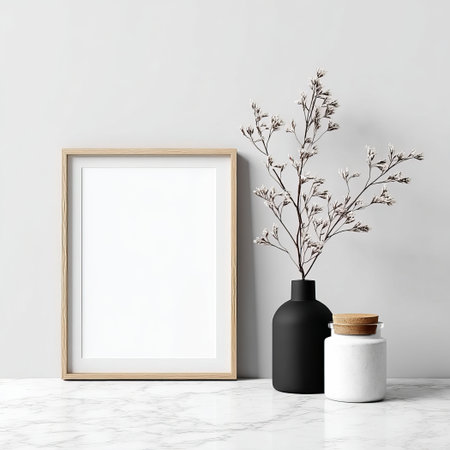 Wooden picture frame with floral vase on light backdrop. Stylish design for decor or botanical themes, perfect for sophisticated or natural ideas. Ideal for bedroom or elegant visuals.の素材