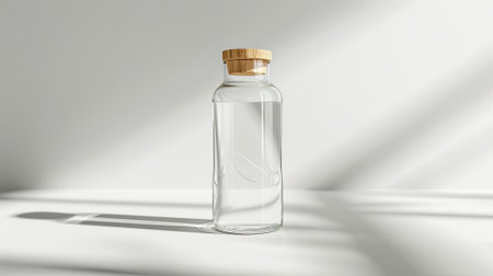 Glass bottle with wooden stopper on neutral background. Modern look for storage or kitchen themes, ideal for minimal or elegant designs. Great for decor or home visuals.の素材