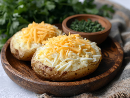 Baked potato dish with cheese and herbs. Inviting style for culinary or family themes, great for rustic or delicious ideas. Perfect for home cooking or hearty visuals.の素材