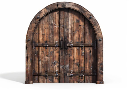 Arched wooden door, front view, white background, rustic double doors, brown frame.の素材