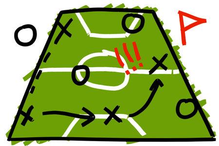 Football or soccer strategy chalkboard sketch with hand-drawn arrows and player formations. Tactical diagram for coaching, featuring textured chalkboard backgroundのイラスト素材