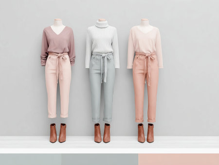 Women's clothes on a shelf against a gray wall. 3d renderingの素材