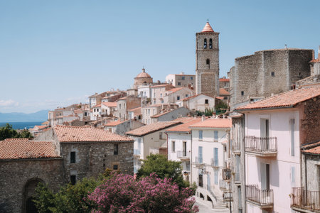 Old town with red roofs in South Europe. This charming cityscape features historic buildings and a tall bell tower. Perfect for travel or cultural photos.の素材