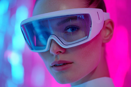 Futuristic woman with neon eyewear. Great for cyber culture or digital art. Offers striking, vibrant vibe to tech imagery.の素材