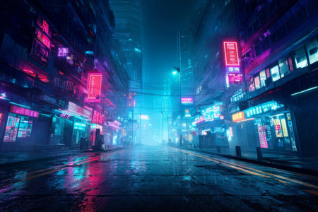 Deserted futuristic street in neon-lit city under heavy rain. Cyberpunk style with high contrast and digital vibes.の素材