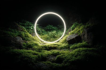 Glowing circle with dense green foliage. Ideal for trendy decor or eco art. Bright ring enhances natural look.の素材