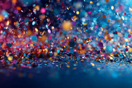 Festive confetti over blue surface. Perfect for birthday decor or party ideas, these radiant burst delights.の素材