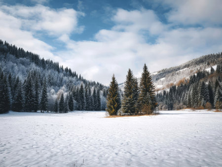 Beautiful winter landscape with snowy fir trees on the hillside.の素材