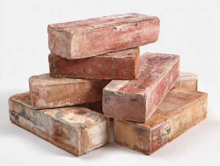 Stack of old bricks on white background. Isolated with clipping pathの素材