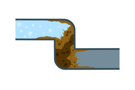 Blocked pipe filled with water and sludge buildup. Vibrant illustration highlighting common drainage issues and plumbing problems.のイラスト素材