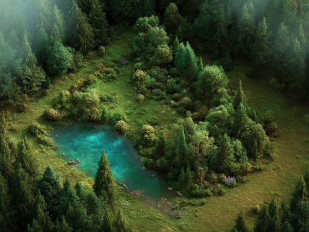 Hidden lake in lush forest with still water and green surroundings. 3D illustration of natural beauty.の素材