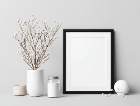 Wooden-framed picture with vase and dried flowers. Cozy design for interior or nature themes, great for elegant or rustic ideas. Perfect for living room or natural visuals.の素材