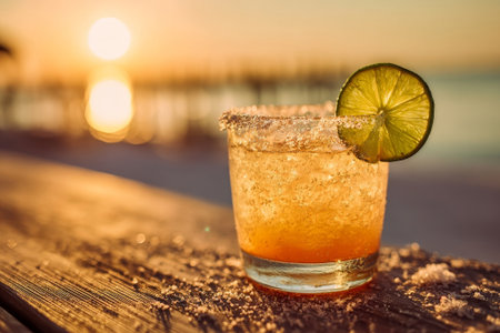 Cocktail glass with lime at sunset. Perfect for summer drinks or beach vibes, this refreshing drink features a salted rim. Ideal for bar or vacation photography.の素材