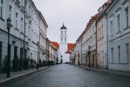 North European city with tower view. This charming old town has a cobblestone street and historic buildings. Ideal for cultural or travel photography.の素材