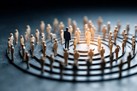 Conceptual image of influence with crowd and a single black figure in the middle. Corporate network and team management metaphor.の素材