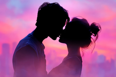 Silhouette couple shares kiss at dusk with purple sky. Loving moment glows with vibrant sunset hues. Perfect for romance or wedding designs.の素材