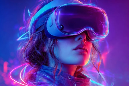 Futuristic woman uses VR headset device. Neon hues light up virtual scene. Suitable for gaming or tech innovation art.の素材