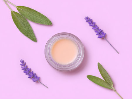 Cream container open on purple surface. Adorned with lavender and green sprigs, this product offers calm vibes. Ideal for beauty or spa visuals.の素材