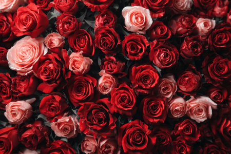 Pink and red roses in vibrant display. Ideal for love themes or wedding art, this rich bouquet enchants.の素材