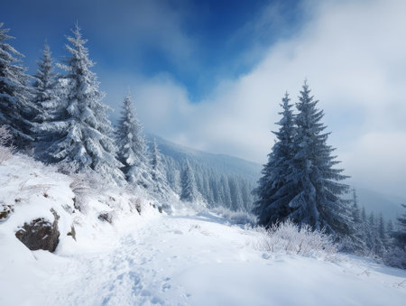 Frosty forest with tall evergreen trees and snowy peaks. Mountain vista with light snow, ideal for winter photo shoots.の素材