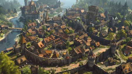 Historic village with stronghold and waterway scenery. Old citadel overlooks river beside woodland and meadows. Picturesque scene captures medieval charm.の素材
