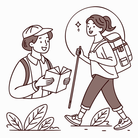 Hikers explore nature with map and backpack. Young adventurers enjoy outdoor scenery. Summer trek features cheerful couple.の素材