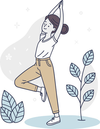 Woman practices yoga in tree pose. Girl balances in wellness stance. Woman performs mindful exercise with grace.の素材