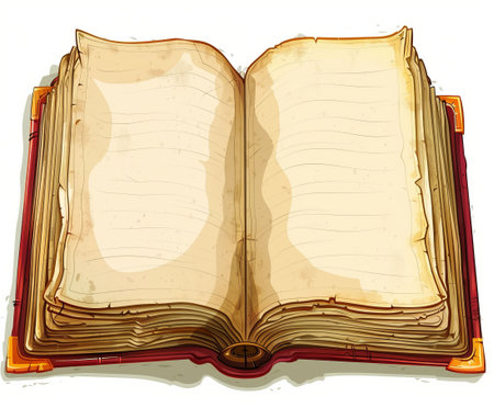 Medieval book top view, open with blank pages, cartoon design, white background, red-yellow frame, game style. Art enhances fantasy appeal.の素材