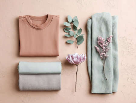 Layered textiles with plant on soft peach background. Chic arrangement for fashion or nature themes, ideal for delicate or organic designs. Great for closet or natural visuals.の素材