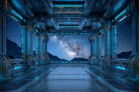 Sci-fi space station, corridor with galaxy starscape, ideal for futuristic visuals. Perfect for space journey and innovation themes, emphasizing the advanced interior style.の素材