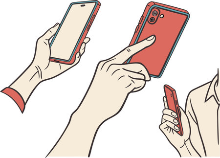 Smartphone hand set, red phone held by fingers, various grip poses illustration. Colorful device sketch, modern tech drawing, sleek mobile art.の素材