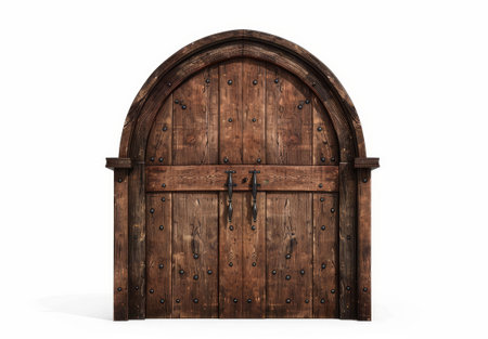 Rustic wooden door, arched top, isolated on white background, old double doors style.の素材