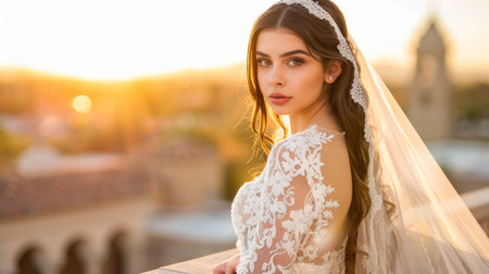 Bride in white lace dress, veil, Tucson cityscape, sunset balcony photo, elegant pose. Wedding art glows with charm.の素材