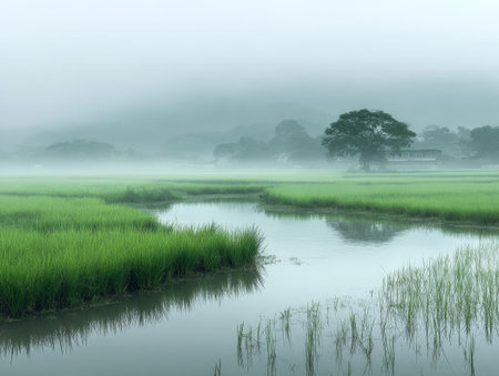 Misty green rice fields with gentle stream in dawn light. Trees fade into fog, great for peaceful nature photography.の素材