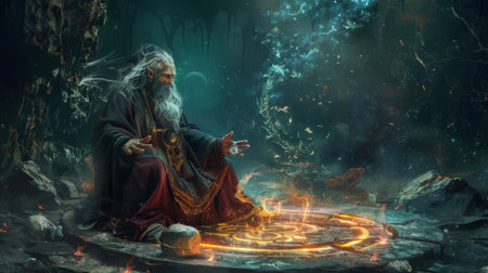 Old wizard casts spell in dark cave. Magic glows around him, surrounded by rocks and mystic light. Perfect for fantasy art and game design.の素材