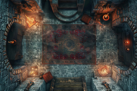 Throne room battle map for DND with stone walls. Grand hall with red carpet, chairs, and warm lights for epic roleplay. Fantasy terrain for tabletop strategy games.の素材