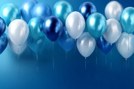 Blue balloons with ribbons floating against matching background. Shiny glitter decorations perfect for party themes and festive celebrations.の素材