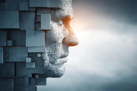 Fragmented 3D head with geometric blocks. Artistic metaphor for cognitive exploration and emotional intelligence development.の素材