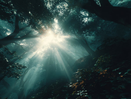 Underwater scene with sunbeams shining through the canopy of treesの素材