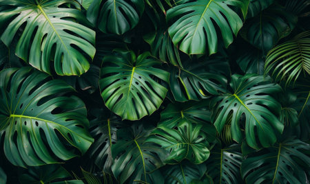 Lush green palm leaves craft tropical nature scene. Rich foliage offers eco friendly pattern for decor projects.の素材