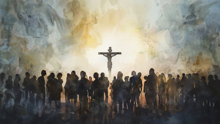 Jesus on cross in crucifixion with army silhouettes in watercolor. Sacred image with shadowy figures on soft golden canvas.の素材