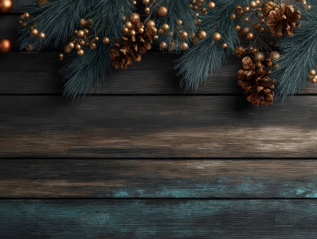 Pine branches cones wood background. Green pine needles with brown cones and gold balls decorate dark wooden surface for festive mood.の素材
