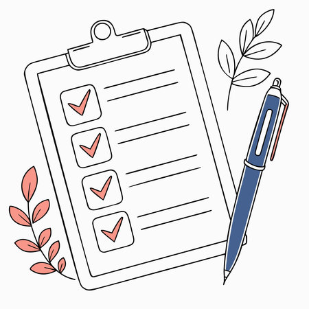 Flat checklist on clipboard with pen and plants, completed task list for productivity concept. Modern to-do plan graphic for organization or office design.の素材